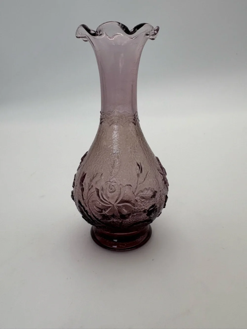 Vintage Imperial Glass Purple Embossed Glass “Rose” Bud Vase
